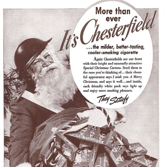Santa Claus Chesterfield Smoking Cigarette WWII World War II 1940s Print Ad - Picture 2 of 4